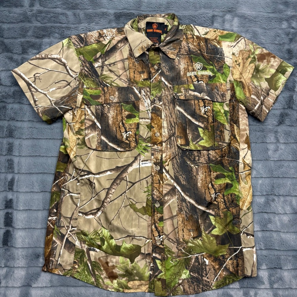 Game Winner Mens Realtree APG Camo Short Sleeve Hunting Shirt XL Polyester 8149